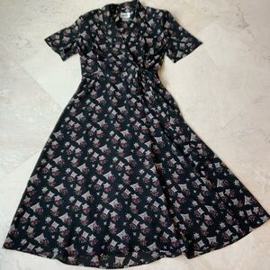 Leslie Fay Black Floral Wrap Midi Dress Pink & Green Accents sz 16